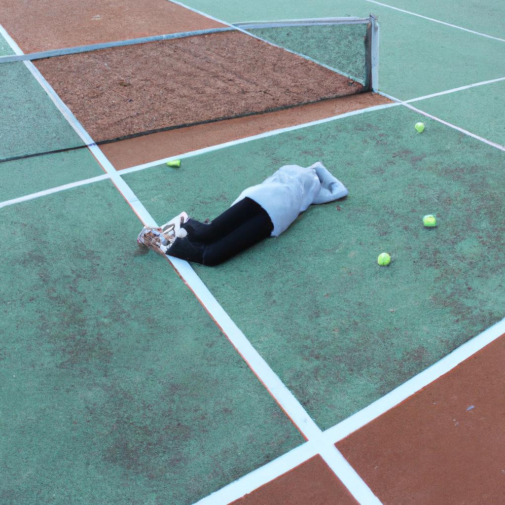 Person sleeping on tennis court