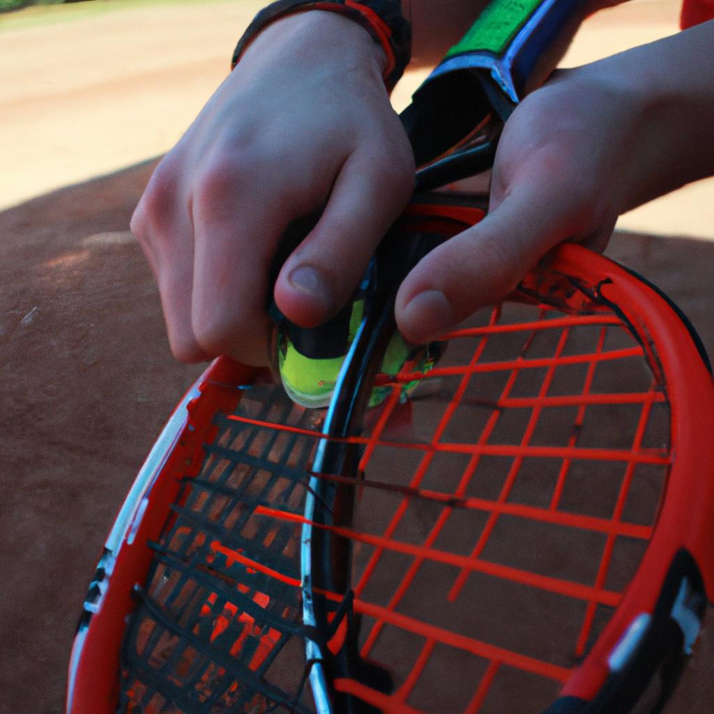 Person adjusting tennis racket strings